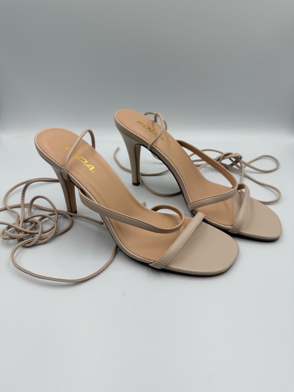 Soda Nude Strappy Lace Up Stiletto Heels Size 9.5 Square Toe Leg Wrap Heels